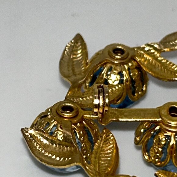 Vintage Gold-Tone Brooch With Blue Crackle Glass Stones & Leaf Design Rivet Set - Picture 13 of 16